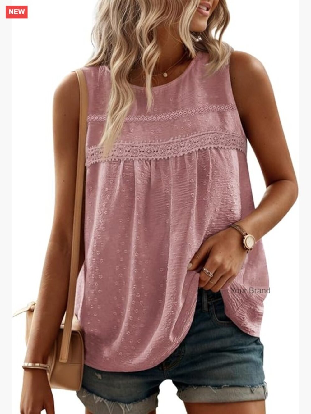 Loose Fit Sleeveless Crew Neck Camisole Top Swiss Dots Summer Cami Shirt Blouse
